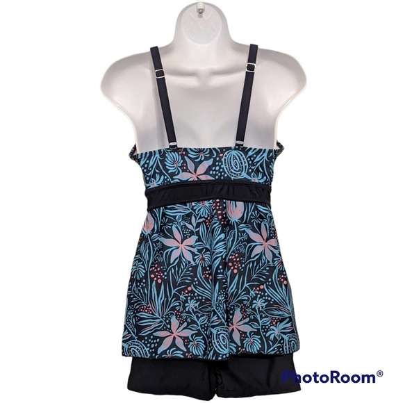 Two Piece Flared Swimsuit with Boy Short Bottoms Turquoise and Navy Size M NWOT - Picture 2 of 4